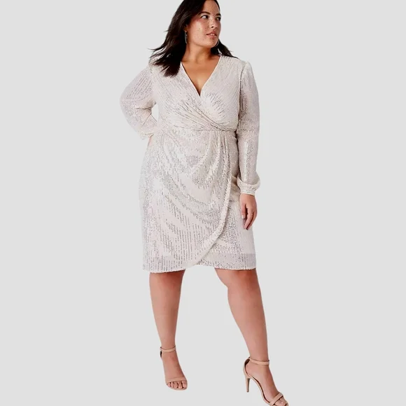 Nwot Lane Bryant Champagne Sequined Longsleeve Faux Wrap Holiday Dress  w/Stretch